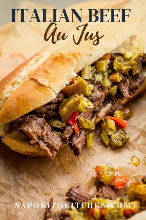 This easy Italian beef au jus recipe is made in the slow cooker with minimal prep. Seasoned to perfection, this slow cooked beef is served with the best au jus on french rolls with your favorite giardiniera. Italian Ground Beef, Italian Roast Beef, Italian Beef Crockpot, Beef Au Jus, Au Jus Recipe, Italian Beef Recipes, Hot Beef Sandwiches, Beef Crockpot, Beef Sandwich Recipes