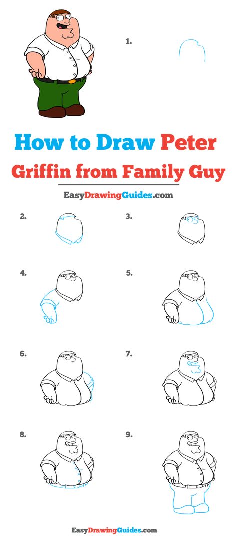 How to Draw Peter Griffin from Family Guy - Really Easy Drawing Tutorial Peter Family Guy, Griffin Drawing, Lois Griffin, Easy Drawing Guides, Blending Colored Pencils, Stewie Griffin, Drawing Guides, Peter Griffin, Drawing Tutorial Easy