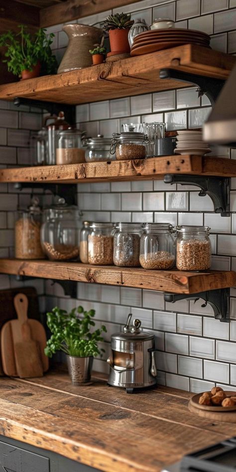 Kitchen Shelf Decoration Ideas, Rustic Open Shelving, Kitchen Shelf Decor Ideas, Kitchen Shelf Decor, Rustic Wooden Shelves, Kitchen Ideas Modern, Casa Country, Open Kitchen Shelves, Cabin Kitchens