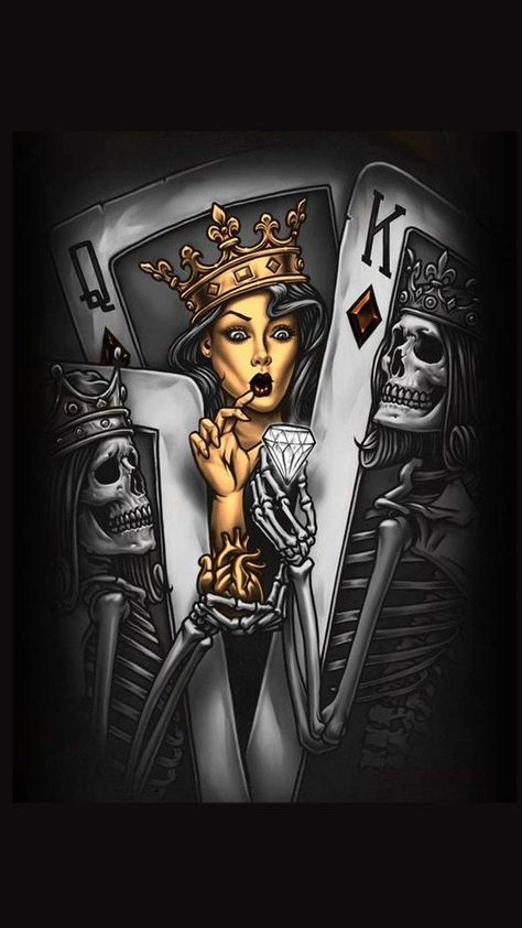 Og Abel Art, Playing Card Tattoos, Card Tattoo Designs, Horror Vintage, Queens Wallpaper, Lowrider Art, Playing Cards Art, Chicano Art Tattoos, Card Tattoo