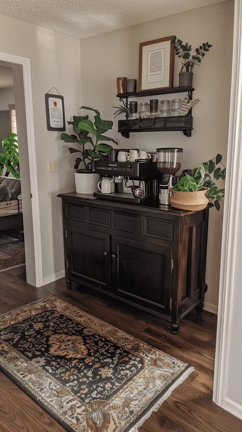 Separate Coffee Station, Coffee And Chocolate Bar, Coffee Nook Decor Ideas, Black Coffee Bar In Kitchen, At Home Coffee Station Counter Space, Farmhouse Bar Cart Ideas, Dry Sink Coffee Bar Ideas, Coffee Bar Ideas On Countertop, Coffee Bar Furniture Ideas