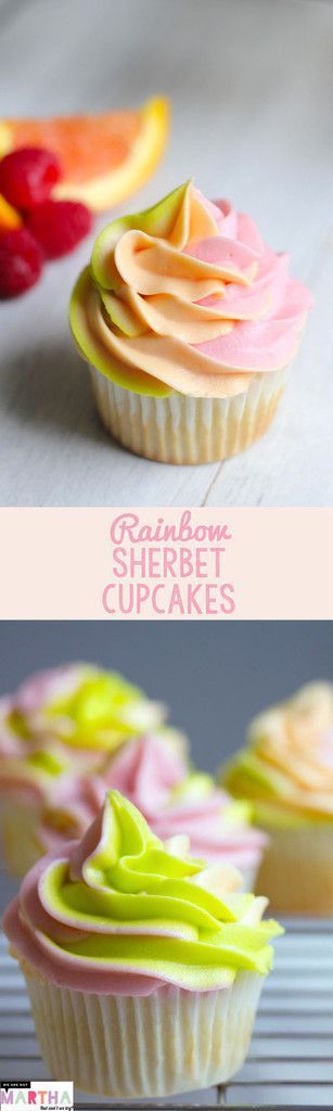 Rainbow Sherbet Cupcakes -- Raspberry, Orange, and Lime Flavors come together in this reimagined summertime treat | wearenotmartha.com #sherbet #cupcakes #rainbow #sherbetcupcakes #fruit #summer Raspberry Orange, Summer Cupcakes, Rainbow Sherbet, Fruit Summer, Salty Cake, Italian Pizza, Köstliche Desserts, Baking Cupcakes, Yummy Cupcakes