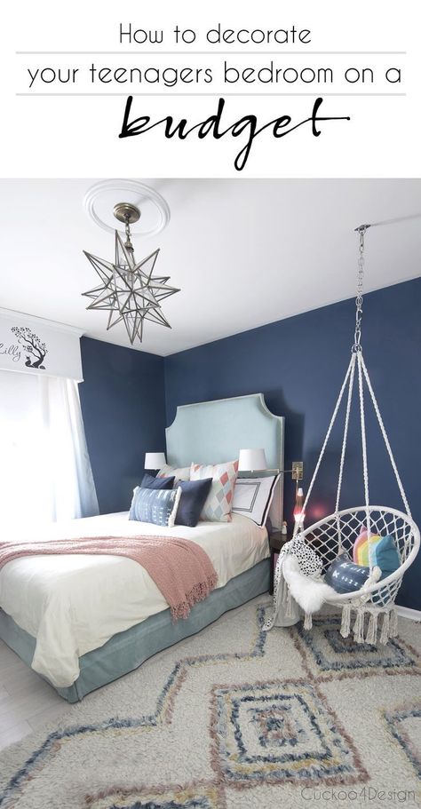 how to decorate your teenagers bedroom on a budget | teenage girl bedroom ideas | how to decorate with a teenager | teen girl bedroom | decorating tips for teenagers  via @jakonya Velvet Diy, Blue Girls Rooms, Curtains Colorful, Ombre Curtains, Bedroom Decorating Tips, Star Chandelier, Rainbow Pillow, Bedroom Decor For Teen Girls