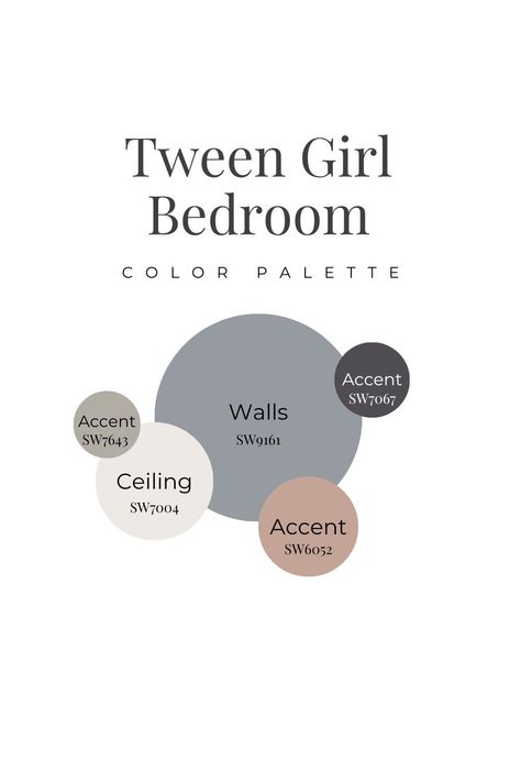 Color palette and design board for tween girl bedroom with blue, gray, and pink Teen Girl Bedroom Paint Colors, Bedroom Color Palette, Bedroom Paint Colors Grey, Girls Bedroom Grey, Blue Girls Rooms, Girls Bedroom Paint, Girls Room Colors, Girls Bedroom Colors, Board Classroom