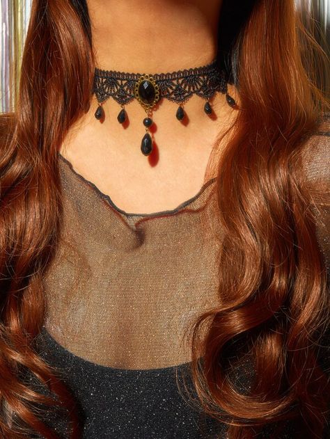 1pc Gemstone Decor Braided Choker | SHEIN USA Black Lace Necklace, Gothic Choker Necklace, 4 Necklace, Gothic Kawaii, Bow Choker, Gothic Choker, Dark Eye Circles, Lace Choker Necklace, Velvet Choker Necklaces