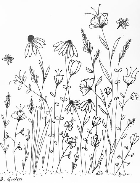 Floral Outline Drawing Simple, Wild Flowers Drawing Sketch, Wildflower Outline, Wild Flower Drawing, Wildflower Line Drawing, Wild Flowers Drawing, Wildflower Doodles, Wildflowers Drawing, Wildflower Sketch