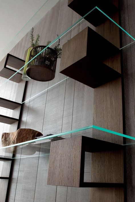 Floating Glass Shelves Office, Wood And Glass Shelves, Floating Glass Shelves Living Room, Diy Glass Shelves, Glass Shelf Ideas, Tanning Salon Design, Glass Floating Shelves, Rectangle Shelf, Diy Shelf Brackets