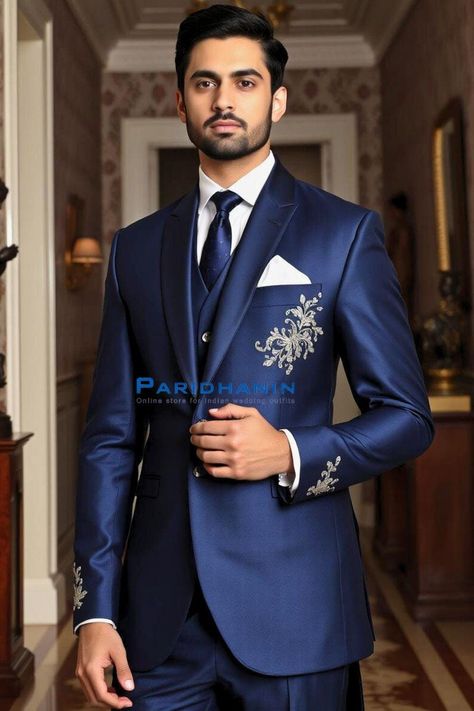 =>UNIQUE CREATION - PLEASE RESPECT COPYRIGHT<= All images and content on this site are exclusively crafted and owned by Paridhanin. Unauthorized copying, sharing, or reproduction is prohibited and will be subject to legal action. Experience sophistication with this royal blue groom suit, featuring intricate silver embroidery on the chest and cuffs. Crafted from premium fabric, it offers a tailored fit and a luxurious finish. Ideal for grooms looking for a unique blend of traditional elegance and Navy Blue Wedding Suit Groom Attire, Royal Blue Groom Suit, Gold And Royal Blue Wedding, Royal Blue Suit Men, Royal Blue Groom, Royal Blue Suit Wedding, Outfit For Groom, Blue Groom Suit, Wedding Suit For Men