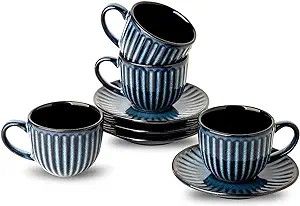 Enhance Your Coffee Experience with Striking Ribbed Design: Elevate your coffee experience with a set of 4 elegant espresso cups and saucers featuring a unique ribbed design. These glossy blue cups effortlessly complement your home decor. Optimal Temperature Retention with Thick Cup Walls: Enjoy your coffee at its best with cups and saucers featuring insulating Set Aesthetic, Blue Cups, Coffee Experience, Double Shot, Cappuccino Cups, Coffee Espresso, Demitasse Cups, Cups And Saucers, Espresso Cups