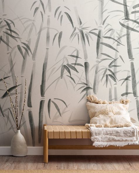 Yoga Room Wallpaper, Yoga Studio Wallpaper, Zen Mural, Simple Mural Ideas, Easy Mural Ideas, Meditation Space Ideas, Japanese Style Wallpaper, Japanese Mural, Bamboo Mural