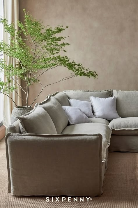 Comfy Sofa Living Rooms, Open Living Room Design, Linen Sectional, Linen Couch, Sofa Inspiration, Curtain Styles, Open Living Room, Comfy Sofa, Jasmine Rice