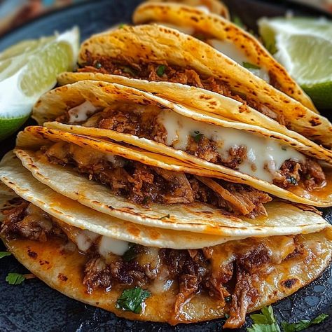 Tacos Easy Recipes, Quesabirria Tacos Recipe, Scalloped Potatoes With Bacon, Quesabirria Tacos, Bacon Scallops, Mexican Entrees, Tacos Easy, Birria Tacos, Crock Pot Tacos