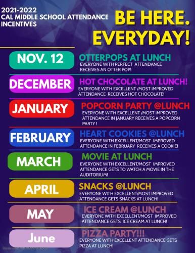 Monthly Attendance Celebrations - California Middle School Elementary School Committees, Attendance Leader Board, Pbis Celebrations Elementary, Elementary Asb Ideas, Attendance Party Ideas, Perfect Attendance Party Ideas, Take Attendance Reminder, Perfect Attendance Treats, Attendance Rewards Elementary