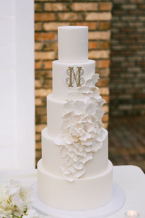 wedding cake, florals, petals, monogram Wedding Cake Monogram, Wedding Cake Monogram Initials, Wedding Cake Initials, Cake Florals, 5 Tier Wedding Cakes, Wedding Cake With Initials, Monogram Wedding Cake, Amazing Wedding Cakes, Simple Wedding Cake