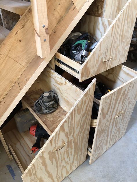 Under Stairs Tool Storage, Woodshop Storage, Condo Design Ideas, Under Stair Storage, Fine China Set, Basement Organization, Garage Projects, Under Stairs Storage, House Closet