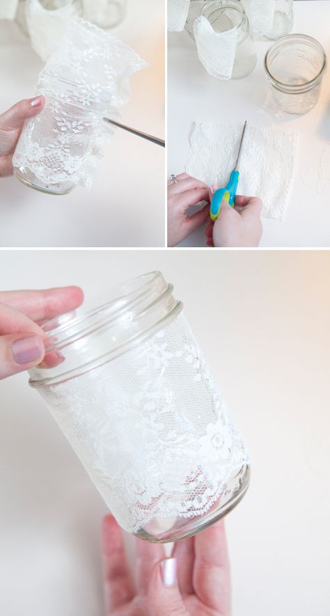 Making Lace Sleeves for Mason & Jelly Jars!  (Uses sewing machine but looks super easy) DIY Lace Covered Mason Jars via Something Turquoise Easy Mason Jar Centerpieces, Lace Diy Projects, Lace Jars, Lace Mason Jars, Lace Projects, Making Lace, Diy Wedding Dress, Mason Jar Ideas, Dekor Diy