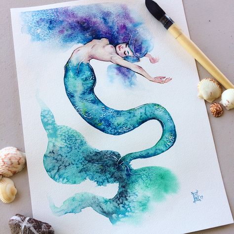 A very whimsical swirly watercolor mermaid to kick off #mermay !! Swipe for detail pics✨ I really had fun doing this wet into wet salt texture technique! I think I'll be continuing it for sure. Thinking of doing zodiac/astrology sign mermaids this way 🤔... Watercolour Tattoo Men, Super Drawing, Watercolor Art Diy, Watercolor Mermaid, Mermaid Painting, Mermaid Tattoo, Mermaid Tattoos, Vintage Mermaid, Diy Watercolor