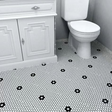 $4.98 EliteTile Retro 9.75" x 11.5" Porcelain Mosaic Tile in White/Black & Reviews | Wayfair Penny Tiles Bathroom, Penny Tile Floors, Penny 1, Penny Round Mosaic, Penny Round Tiles, Tile Design Pattern, Round Mosaic, Retro 9, Penny Tile