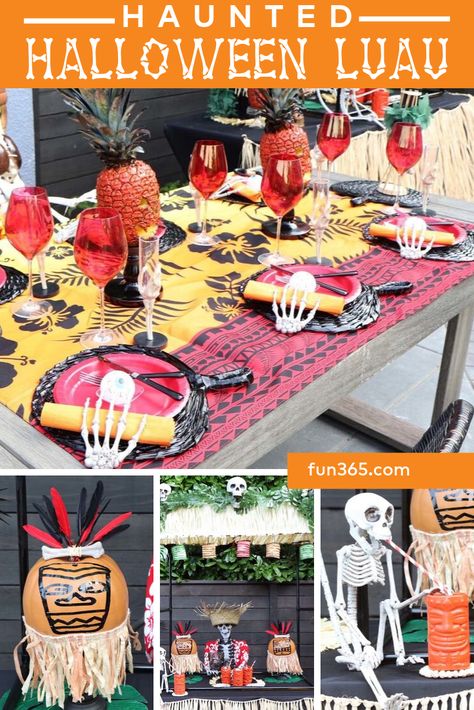 Haunted Hawaiian Party, Haunted Luau Party, Spooky Tiki Party, Tropical Halloween Decor, Halloween Tiki Party, Spooky Island Party, Spooky Luau, Summer Halloween Party, Tiki Party Food