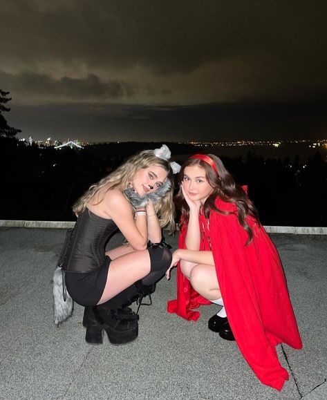 Halloween Costumes Duo Sisters, Two Women Costume Ideas, Halloween For 2 People, Wolf Costume Aesthetic, Red Head Brunette Duo Costumes, Halloween Duo Pics, 2 Women Halloween Costumes, Little Red Riding Hood And Big Bad Wolf, Halloweekend Costumes Duo