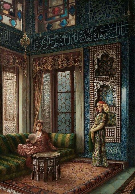 Plush with a touch of its own inexplicable modesty.  No matter which part of the world, in the present era this would be construed as fairy tale surroundings.  It was real in medieval Ottoman era. Ottoman Painting, Ottoman Art, Middle Eastern Art, Arabian Art, Arab Culture, Eastern Art, Islamic Paintings, Turkish Art, Arabic Art