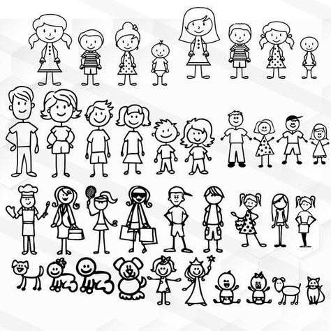 Doodle Figures, Drawing Family, Doodle Art For Beginners, Preschool Decor, Stick Family, Stick People, Stick Figure Family, Car Sticker Design, Idee Cricut