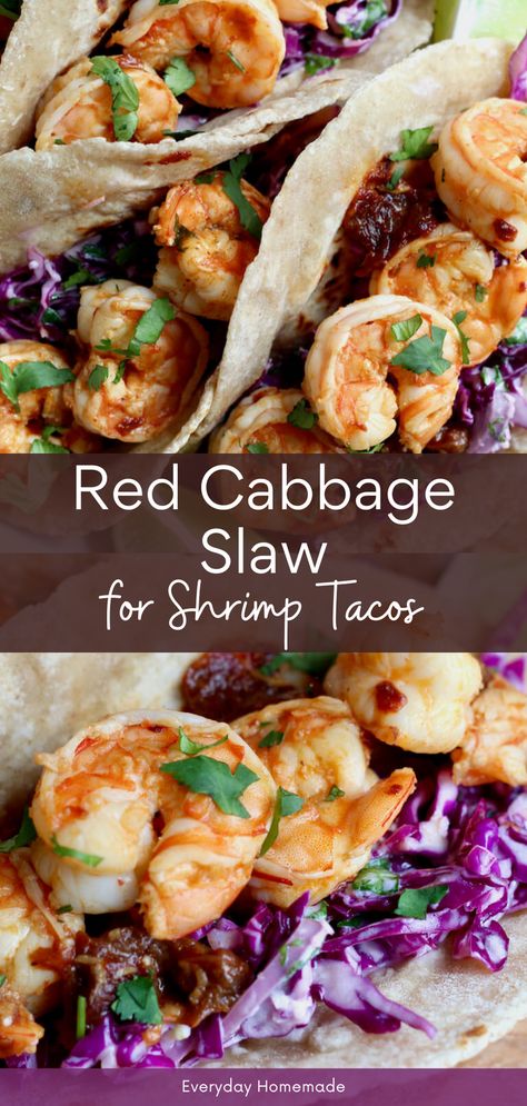 Add a zesty twist to your summer taco nights with this easy Red Cabbage Slaw for Shrimp Tacos! Tossed in a tangy Greek yogurt and lime dressing, it's bursting with freshness from cilantro and crunchy red cabbage. No mayo and ready in just 10 minutes, it's a healthy Cinco de Mayo recipe that'll elevate your taco game! Cabbage Slaw For Shrimp Tacos, Red Cabbage Slaw For Tacos, Cabbage For Tacos, Cabbage Slaw For Fish Tacos, Shrimp Tacos With Cabbage Slaw, Cabbage Slaw For Tacos, Slaw For Tacos, Red Cabbage Slaw Recipes, Slaw For Shrimp Tacos