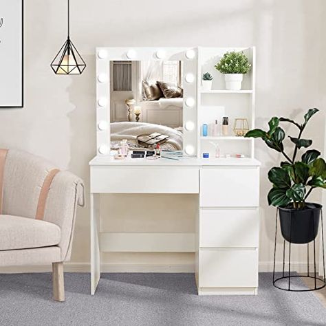 Small Makeup Table Ideas Bedrooms, Vanity Table In Bedroom Small Spaces, Ikea Makeup Table, White Makeup Desk, Ikea Dressing Table, Makeup Vanity With Lights, Vanity With Lights, Comfy Room, White Dressing Table