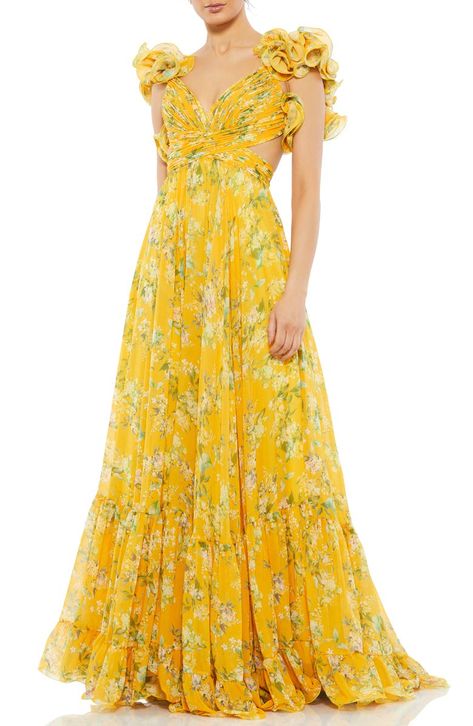 Designer Formal Dresses, Chiffon Floral, Printed Long Dresses, Floor Length Gown, Mac Duggal, Chiffon Gown, Chiffon Ruffle, Gorgeous Gowns, Floral Chiffon