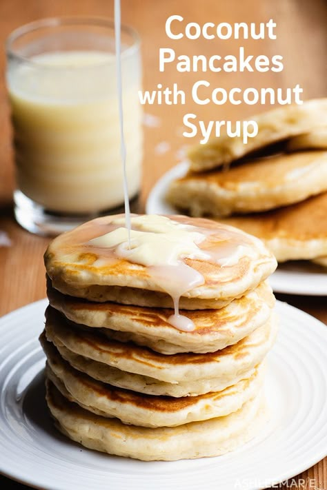 Pancakes are a staple - easy to make and delicious fresh or toasted the next day! We make these coconut pancakes once a week and they are made even better with this amazing and easy homemade coconut syrup!#pancakes #homemade #homemadepancakes #coconutpancakes #homemadesyrup #coconutsyrup Pancake Syrup Recipe, Coconut Pancakes, Coconut Syrup, Pancake Syrup, Pancake Recipe Easy, Homemade Syrup, Homemade Pancakes, Coconut Recipes, Syrup Recipe