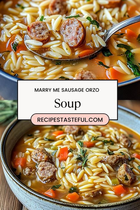 This hearty Marry Me Sausage Orzo Soup combines savory Italian sausage, fresh vegetables, and tender orzo pasta in a rich, flavorful broth. It's the perfect comfort food to warm your soul, making it ideal for family dinners or cozy nights in. Sausage Orzo Soup, Sausage Orzo, Orzo Soup Recipes, Orzo Soup, Shake N Bake, Aip Paleo, Sausage Soup, Cheese Sausage, Orzo Pasta