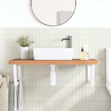 The wall mounted basin shelf securely attaches to the wall, providing an elegant and space-saving solution for your bathroom. Sturdy and long-lasting: This basin shelf is combined with a steel structure and a solid beech wood top, making it sturdy, stable, and long-lasting. Space-saving: The floating basin shelf has ample space to store creams and small items. Thanks to the trapezium shape, you can hang towels or other things on the support to save space. Easy to use: The countertop comes und... Steel Shelf Brackets, Bathroom Vanity Top, Wood Bathroom Vanity, Wall Mounted Desk, Wall Mounted Basins, Shelf Bracket, Bathroom Vanity Units, Steel Shelf, Wood Bathroom