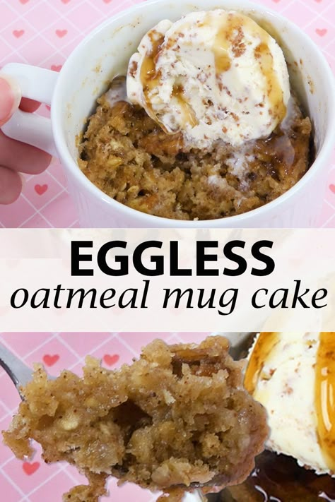 Eggless Mug Cake Microwave, Mug Cake Recipe Microwave, Oatmeal Mug Cake, Eggless Mug Cake, Mug Cake Eggless, Mug Cookie Recipes, Mug Dessert Recipes, Cinnamon Mug Cake, Mugcake Recipe