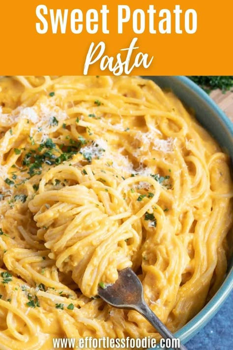 How to make rich and creamy sweet potato pasta! Delicious meat-free comfort food for busy weeknights. On the table in just 40 minutes. Sweet Potato Pasta Noodles, Sweet Potato Pasta Recipe, Sweet Potato Pasta Sauce, Sweet Potato Noodles Recipe, Sweet Potato Sauce, Sweet Potato Pasta, Sweet Potato Dinner, Potato Pasta, Sweet Potato Noodles