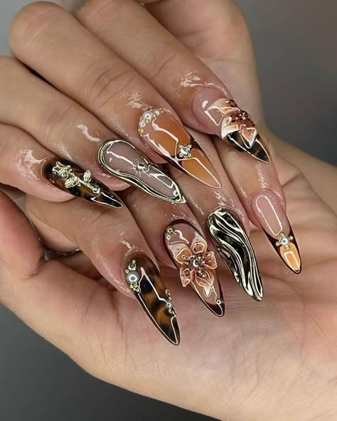 Rose Charm Nails, Brown And Gold Nails Acrylic, Brown Floral Nails, Cross Charm Nails, Nails 3d Gel, 3d Gel Nails, Charm Nails, Orchid Nails, Nails Rose