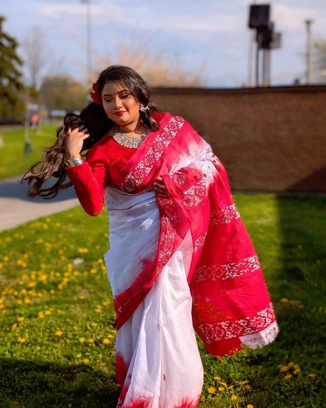 Pohela Boishakh, Bengali New Year Celebration Wore a traditional red and white saree after a really long time. It has always been a custom to wear Red and White but nowadays people wear all sorts of colour to welcome the new year. My dad got me this saree when I was in grade 7. Overall, I have worn this saree thrice now and every time I feel so beautiful in it. Its definitely a bit difficult to manage cotton saree, specially because I am not very good at pleating it. However that's not stoppi... Red And White Saree, Bengali New Year, White Saree, New Year Celebration, Wearing Red, Cotton Saree, Overalls, Red And White, Saree