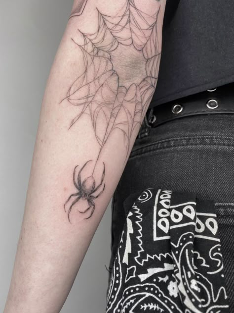 Spider Web Tattoo Design Ideas, Spider Web Forearm Tattoo, Spiderweb Rib Tattoo, Spider Wed On Elbow Tattoo, Elbow Web Tattoo, Elbow Spider Web Tattoo, Spider Punk Tattoo, Spider Hanging From Web Tattoo, Spiderweb Shoulder Tattoo