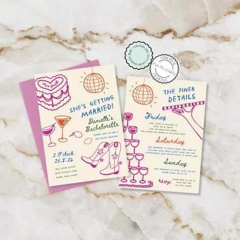 Hen Party Invite For Bride, Hen Party Stationary, Bachelorette Invitation Ideas, Hen Party Itinerary, Hens Invite, Hen Do Themes, Hen Party Invite, Bachelorette Sleepover, Hen Party Themes