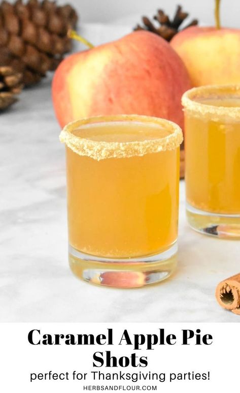 These Caramel Apple Pie Shots taste like Fall in a glass! These alcoholic shots are made with whiskey, apple cider and caramel and served up in a “crust”-rimmed glass for a special touch! Autumn Shots Alcohol, Caramel Apple Shots Alcohol, Fall Themed Shots, Carmel Apple Shots Recipes, Friendsgiving Shots, Whiskey Shots Recipes, Thanksgiving Shots Alcohol, Fall Shots Alcohol, Apple Cider Shots