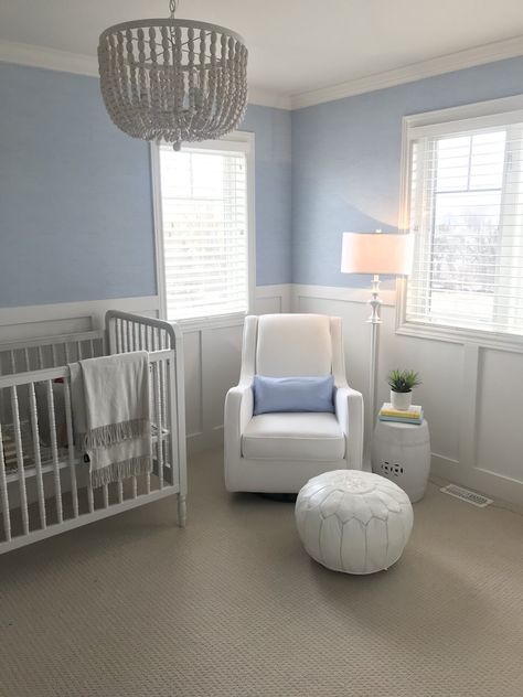 Light Blue Nursery, God In Heaven, Boy Nursery Colors, Wainscoting Nursery, Baby Blue Nursery, Shared Nursery, Nursery Layout, Bedtime Prayers, Blue Nursery Boy