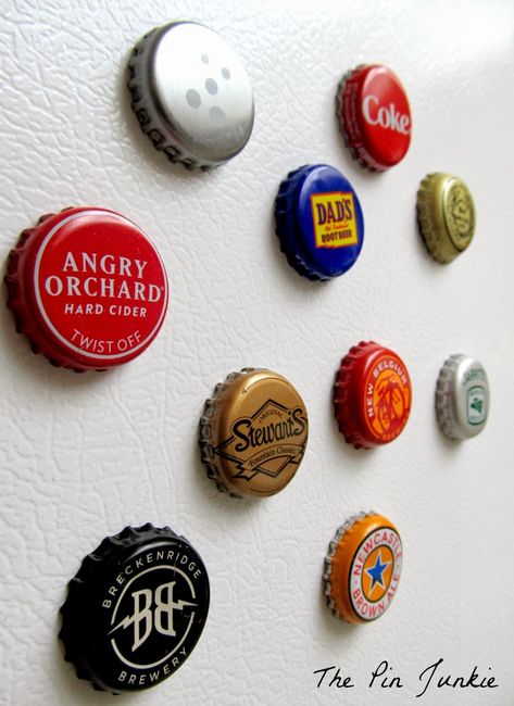 Bottle Cap Magnets..everybody loves these...we only make these from beer we have tried and liked. -The Lyonesse Beer Crafts, Beer Bottle Crafts, Diy Bottle Cap Crafts, Beer Cap Art, Bottle Cap Projects, Hantverk Diy, Bottle Cap Magnets, Reuse Plastic Bottles, Cadeau Parents