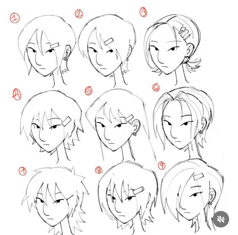 Hair Ideas Reference Drawing, Pose Ideas For Oc, Hair Drawing Y2k, Character Hairstyles Ideas, Black Hairstyles To Draw, Dot Eyes Art Style, How To Draw Front Profile, Types Of Bangs Drawing, Cloth Ideas Drawing