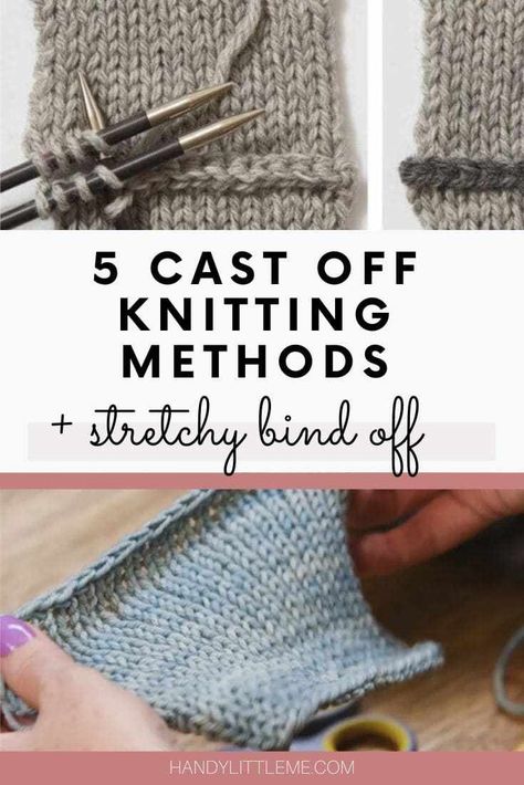 Cast off knitting methods including how to do a stretchy bind off, a three-needle bind off, an I cord bind off, a tubular bind off and a picot bind off. #howtoknit #castoff #knitting #beginnerknitting #bindoff Cast Off Knitting, Tubular Bind Off, Casting Off Knitting, Bind Off Knitting, Stretchy Bind Off, Knitting Hacks, Knitting Patterns Free Blanket, Knitting Help, Knitting Stitches Tutorial