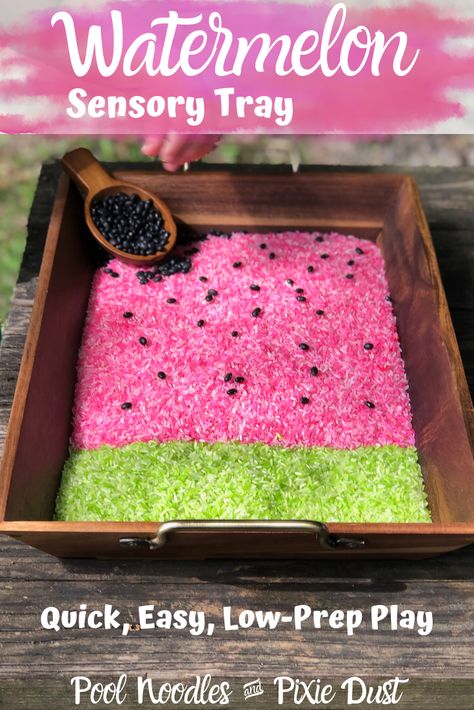 Watermelon Sensory Tray - Pool Noodles & Pixie Dust Summer Sensory Play, Summer Sensory, Sensory Tray, Dried Black Beans, Playdough Recipe, Tuff Tray, Watermelon Seeds, Summer Rolls, Pool Noodles