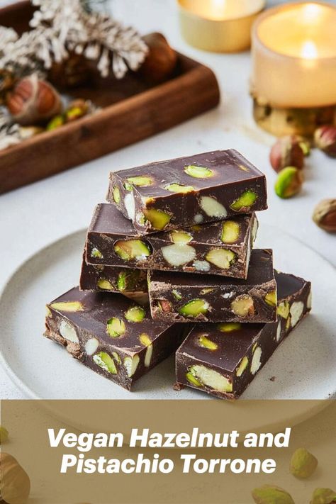 Vegan Italian nougat with hazelnuts and pistachios, a plant-based take on torrone. Vegan Nougat Recipe, Italian Torrone Recipe, Italian Nougat Recipe, Vegan Nougat, Torrone Recipe, Nougat Candy, Nougat Recipe, Candy Ideas, Vegan Italian