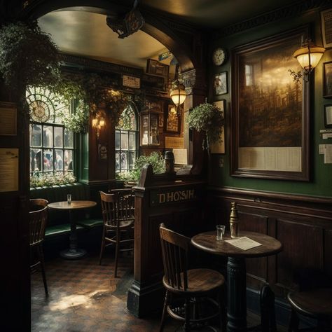 1920s Coffee Shop, Old Pub Aesthetic, Cottagecore Restaurant, English Pub Aesthetic, Witchy Bar, Pub Aesthetic, Tavern Decor, Pub Interior Design, Victorian Bar