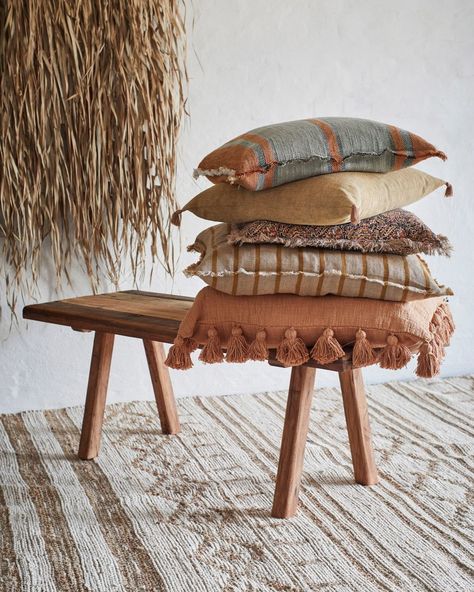 Madam Stoltz (@madamstoltz) • Instagram photos and videos Reclaimed Wood Benches, Rustic Wooden Bench, Madam Stoltz, Outdoor Mattress, Nordic Living, Colourful Cushions, Indian Block Print, Printed Cushion Covers, Wooden Bench