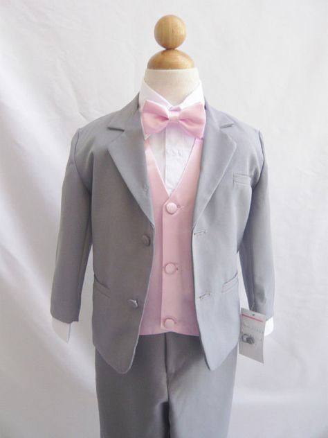 Formal Boy Suit Gray with Pink Light Vest for by carmiashop, $36.99 Light Pink Vest, Ring Bearer Suit, Turquoise Wedding Rings, Grey Tuxedo, Vest And Bow Tie, Grey Swimsuit, Bearer Outfit, Staghead Designs, Ring Rosegold