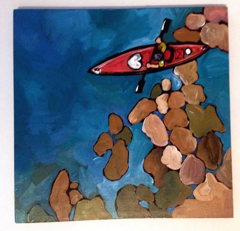 Original acrylic on wood painting Kayaking by artzfolk on Etsy (null) Canoe Paddle Painting Ideas, Kayak Painting, Kayak Painting Acrylic, Watercolor Kayak Paintings, Kayak Painted Rock, Painting Aesthetics, Kayak Art, Brick Crafts, Birthday Painting