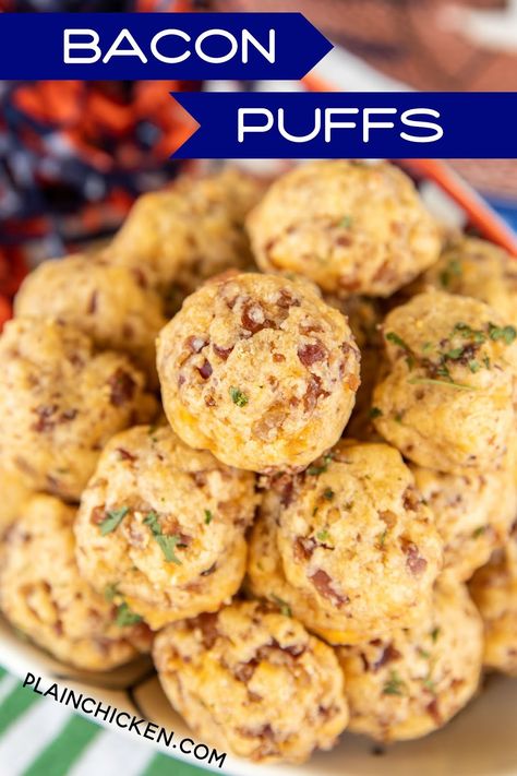 Bacon Puffs - Football Friday Make Ahead Hearty Appetizers, Appetizers For Party Easy Finger Foods, Bacon Board, Bacon Puffs, Party Munchies, Chicken Appetizer Recipes, Football Friday, Queso Cheddar, Bacon Appetizers